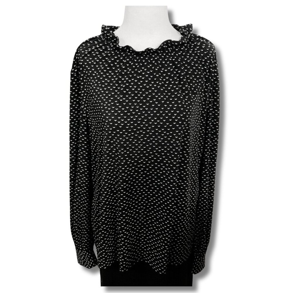 ADRIANNA PAPELL Plus-size black white ruffled high neck long-sleeve top XL 1X 2X